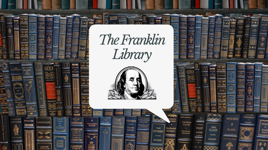 A image of Franklin Library Books on a bookcase with an image of Benjamin Franklin in the forefront