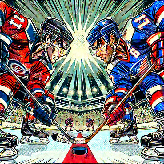 a cartoon depiction of two hockey players facing off looking intense