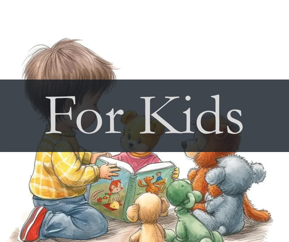 A child reads to stuffed toys behing the title For Kids