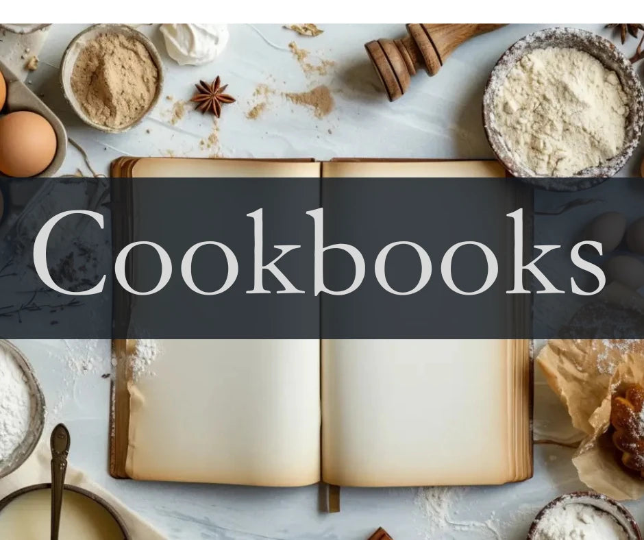 a cookbooks sits behind the caption Cookbooks