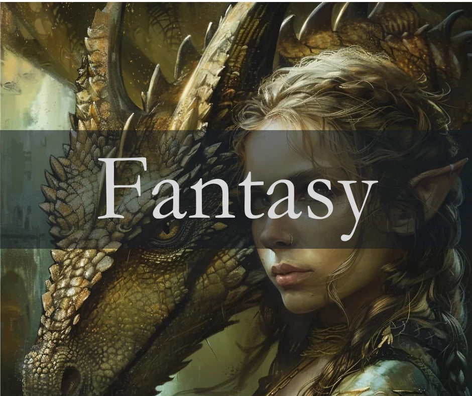 A dragon and elf in the background of a title that says Fantasy
