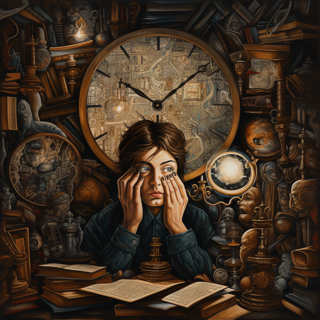 a vintage science fiction image of a girl holding her hands in her fave with a clock in the background