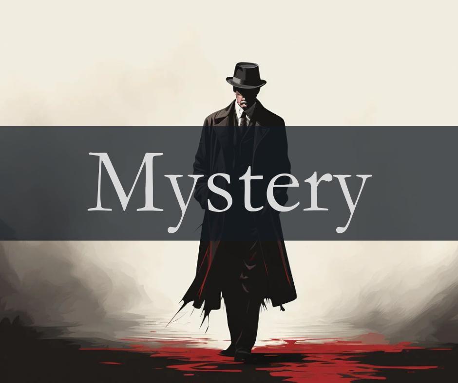 A man in a cloak and hat stands in the background of a large title that syas Mystery