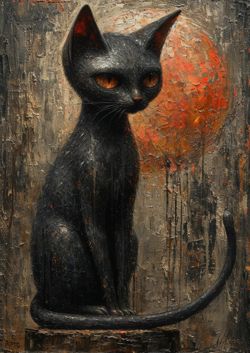 a painting of a weird black cat with a light orange sun in the backgrond