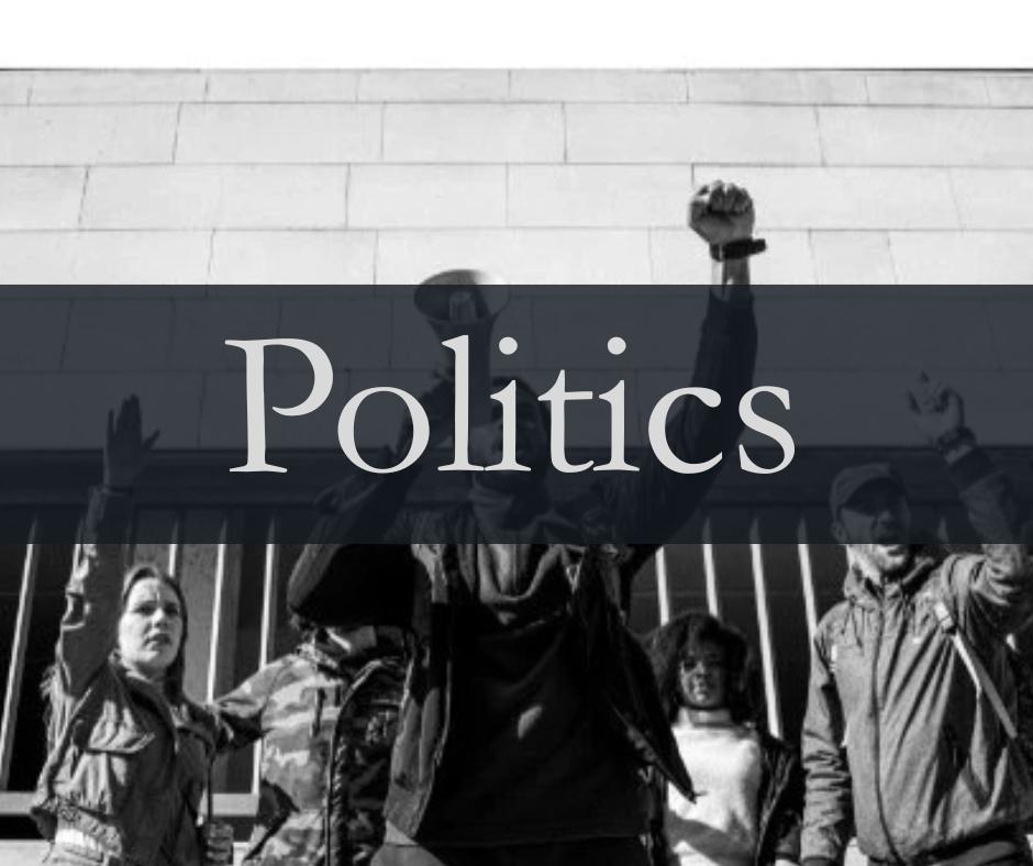 people stand with their fist raised, the words politics captioned