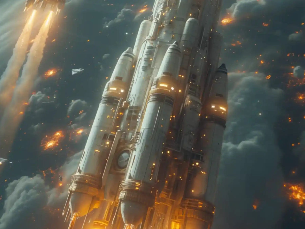 an image of a science fiction scene, a  white spaceship flying through the air.