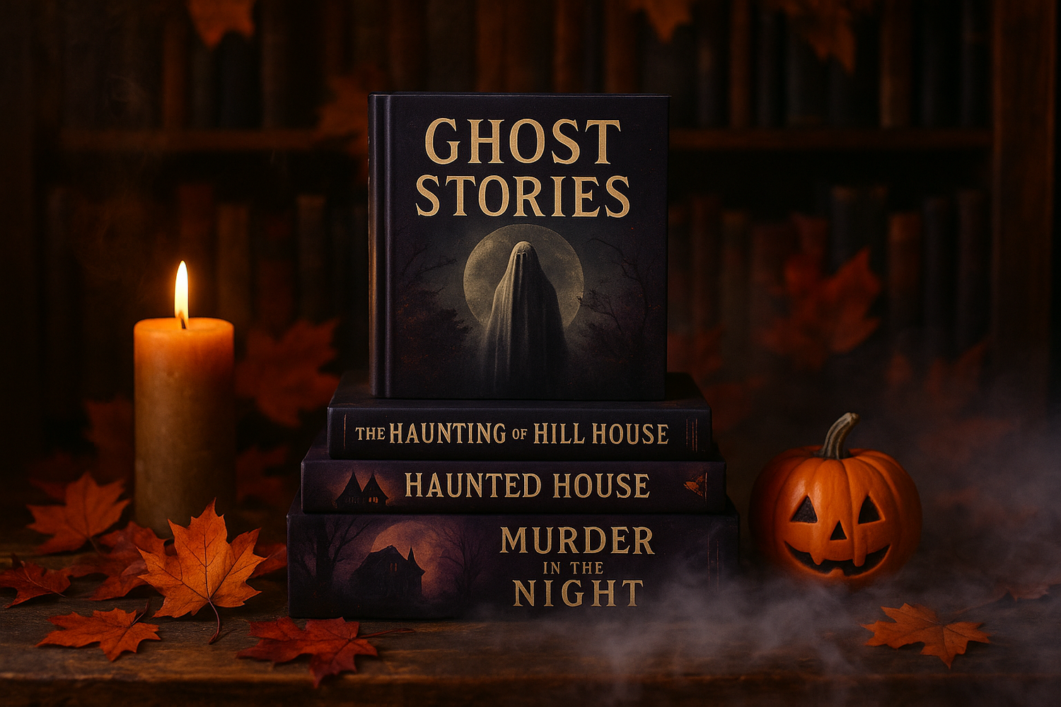 A spokky scene with a candly leaves and a stack of books of haunted house and ghost tales.